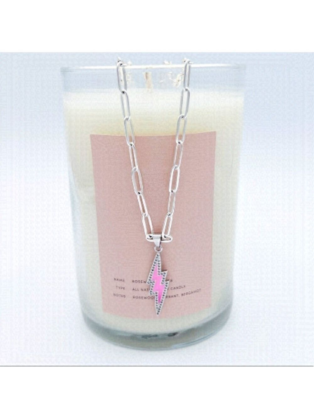 Sterling silver paperclip chain with link enamel lightening bolt